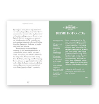 Page spread from Mushroom Hunting features a section titled, "Reishi Hot Cocoa"