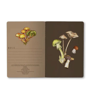 Notebook interior features a small lined "Notes" section alongside mushroom illustrations