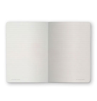 White, lined pages of an open notebook with rounded corners
