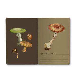 Notebook interior features a small lined "Personal Data" section alongside two large mushroom illustrations