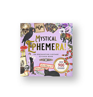 Purple cover of Mystical Ephemera! features metallic gold title lettering and a border of miscellaneous vintage imagery