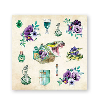 Page from the Mystical Ephemera! sticker book features various illustrations of flowers, snakes, crystals, bottles, etc. in a predominantly green and purple color palette