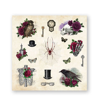 Page from the Mystical Ephemera! sticker book features various illustrations of birds, skeletal components, vintage hats, keys, insects, etc. in a predominantly dark reddish-purple color palette