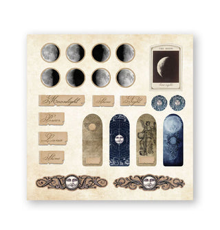 Page from the Mystical Ephemera! sticker book features various illustrations of vintage script, lunar phases, and other celestial symbols in a predominantly brown and blue color palette