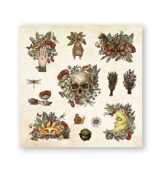 Page from the Mystical Ephemera! sticker book features various illustrations of floral clusters accented with macabre and celestial symbols