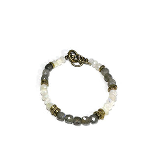Bracelet with faceted moonstone and labradorite rondelle stones with brass accents and clasp