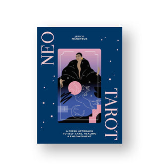 Dark blue cover of Neo Tarot: A Fresh Approach to Self-Care, Healing & Empowerment by Jerico Mandybur features a central illustration of a black-cloaked figure hovering above celestial symbols
