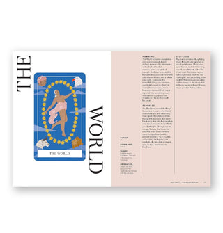 Page spread from Neo Tarot features a section on The World with colorful illustration