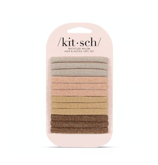 Set of 12 glittery Recycled Nylon Hair Elastics in neutral shades on light pink Kitsch product card
