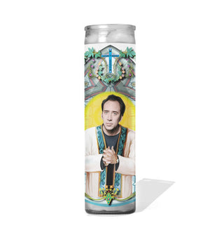 Tall glass prayer candle with label illustration depicting Nicolas Cage as a saint