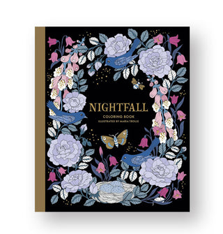 Black cover of Nightfall Coloring Book features a dense ring of flowers and vines on which several birds perch and inside of which a butterfly appears