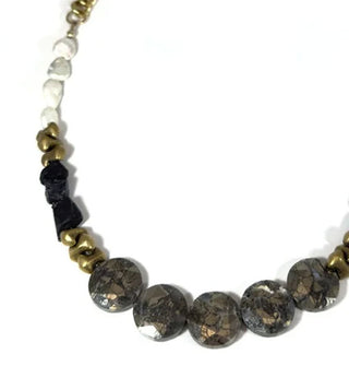 Flecked marcasite, white freshwater pearl, and black spinel stones are strung with brass accent beads on a chunky brass curb chain