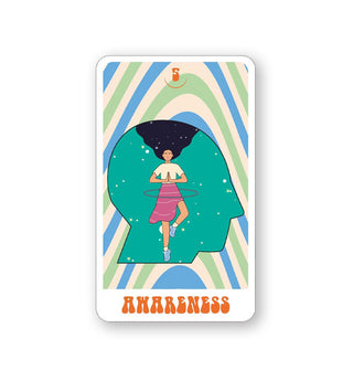 "Awareness" affirmation card with illustration of a hula-hooping, meditating girl inside a facial profile silhouette