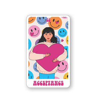 "Acceptance" affirmation card with illustration of a girl hugging a heart in front of a colorful smiley face background