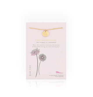Birth month flower necklace card features the flower for November: Chrysanthemum