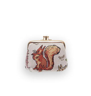 Fabric change purse with gold kisslock frame and hardware features print of Beatrix Potter's Nutkin
