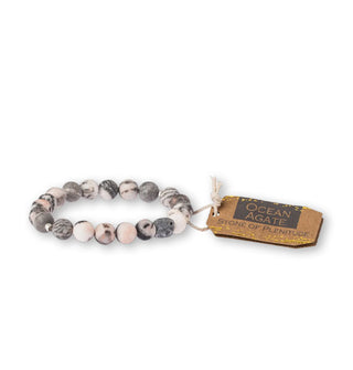 Ocean agate stone bead bracelet with brown tag attached