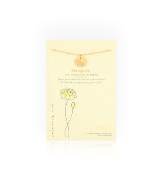 Birth month flower necklace card features the flower for October: Marigold