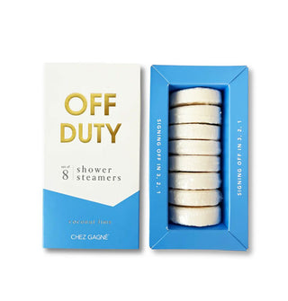 White and blue box of Off Duty Shower Steamers with lid removed to show contents