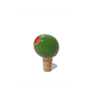 Bottle stopper with cork bottom features a green and red olive-shaped top