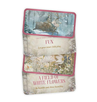 Four-card spread of Once Upon a Time: Be Your Own Happily Ever After cards with rich, fantastical illustrations and affirmations like, "Let your inner child play" and "Be humble and show humility"