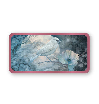 Rectangular card with rounded edges and rose pink border features illustration of a bird perched on a flower's branch in front of a giant full moon