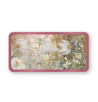 Rectangular card with rounded edges and rose pink border features illustration of viny white flowers obscuring a door