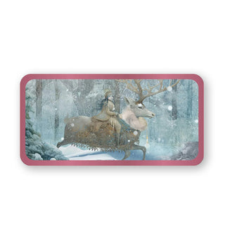 Rectangular card with rounded edges and rose pink border features illustration of a woman riding an antlered elk in a winter forest scene