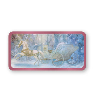 Rectangular card with rounded edges and rose pink border features illustration of a white carriage being pulled by a white horse in a wintry forest scene