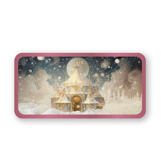 Rectangular card with rounded edges and rose pink border features illustration of an ornate tent with many pointed peaks in a wintry night scene