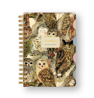 Tabbed spiral-bound Bruno Visconti journal features owl illustrations all over its cover accented with gold 