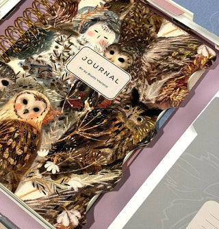 Tabbed spiral-bound Bruno Visconti journal features owl illustrations all over its cover accented with gold 