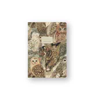 Bruno Visconti notebook cover features all-over illustrations of various owls in mainly brown tones