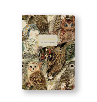 Bruno Visconti notebook cover features all-over illustrations of various owls in mainly brown tones