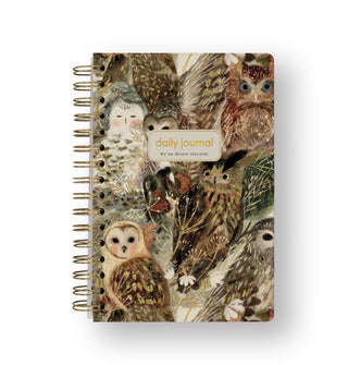Spiral-bound Bruno Visconti Daily Journal with cover design of whimsical owls in neutral tones and central gold foil title lettering