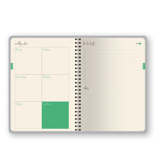 Planner interior features grid-style Weekly Plan, lined To Do List with check bubbles, and lined Note section