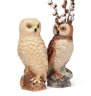 Ceramic Snowy and Great Horned Owl vases, one filled with pussy willow branches
