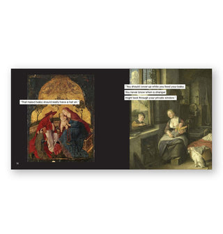 Page spread from Parenting Advice to Ignore in Art and Life features two classical paintings with text overtop
