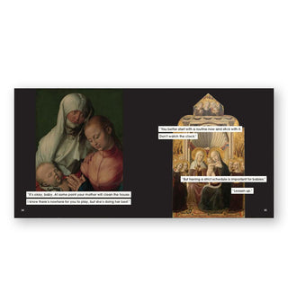 Page spread from Parenting Advice to Ignore in Art and Life features two classical paintings with text overtop