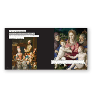 Page spread from Parenting Advice to Ignore in Art and Life features two classical paintings with text overtop