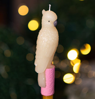 Parrot-shaped taper candle with carved feather details and a pink base that resembles tree bark