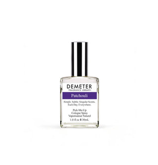 Silver-capped clear square 1 ounce glass bottle of Demeter Fragrance Library Pick-Me-Up Cologne Spray in Patchouli scent