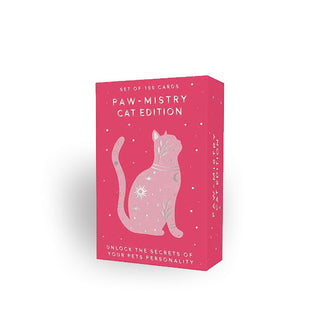 Pink box of 100 Paw-Mistry: Cat Edition cards with a silhouette graphic of a sitting cat in light pink accented by silver foil celestial symbols