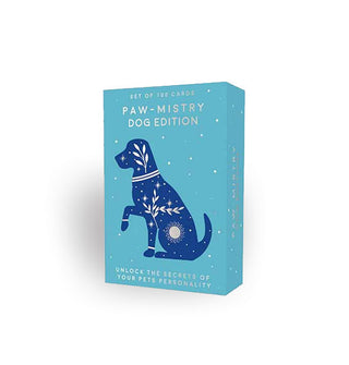 Blue box of 100 Paw-Mistry Dog Edition cards with dark blue silhouette illustration of a sitting dog with paw raised accented with silver celestial symbols