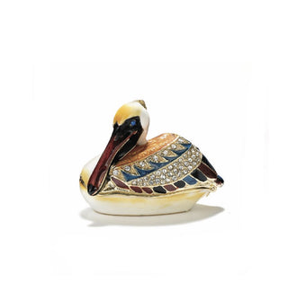 Decorative painted pelican box with gold-rimmed lid and clear crystal embellishments