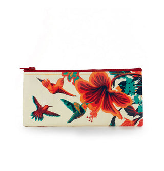 Rectangular pouch with red top zipper features colorful illustration of hummingbirds gathered around a hibiscus flower
