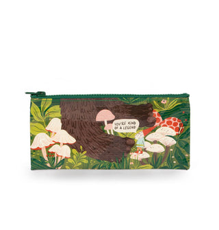 Rectangular pouch with green top zipper features an all-over design of Bigfoot's feet in a grassy forest floor with mushrooms and a gnome who's saying, "You're kind of a legend"
