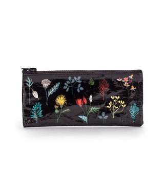 Black rectangular zippered pouch features colorful plant illustrations