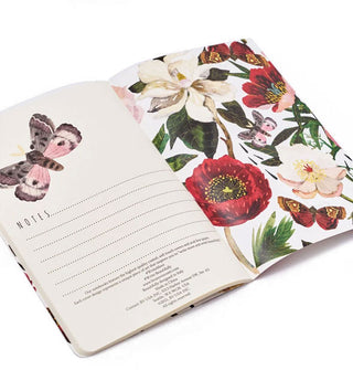Notebook interior features peony and moth illustrations and lined section to write labeled, "Notes"