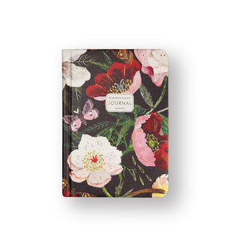 Journal hardcover features pink and white peonies and butterflies on a dark background